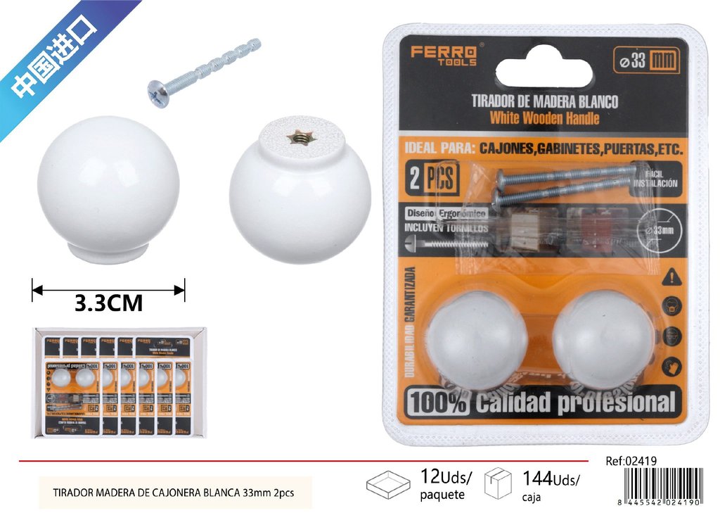 Tirador de madera para cajonera blanca 33 mm - Pack de 2 piezas