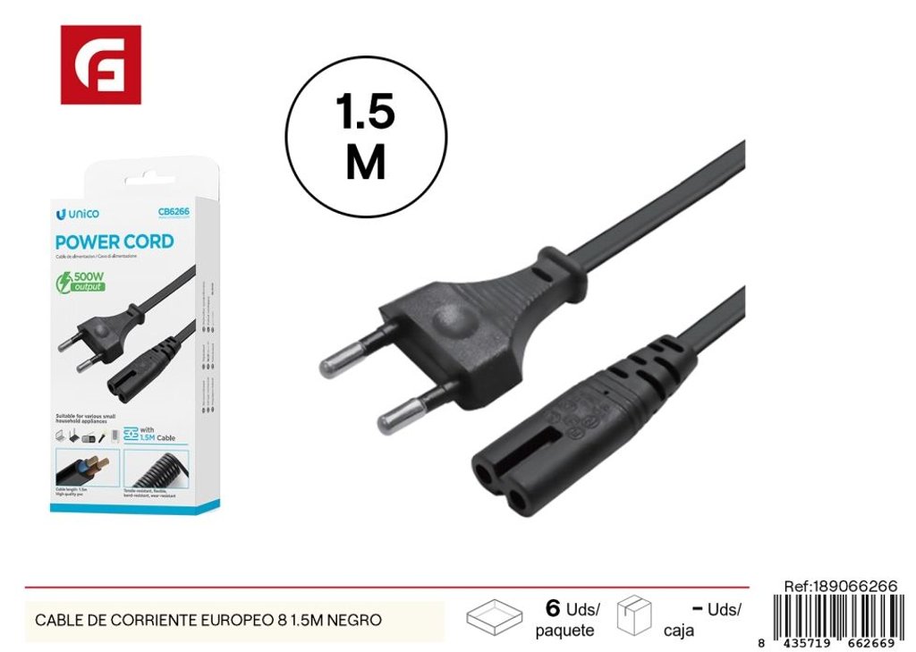 Cable de corriente europeo 8 en 1.5m negro - Electrónica