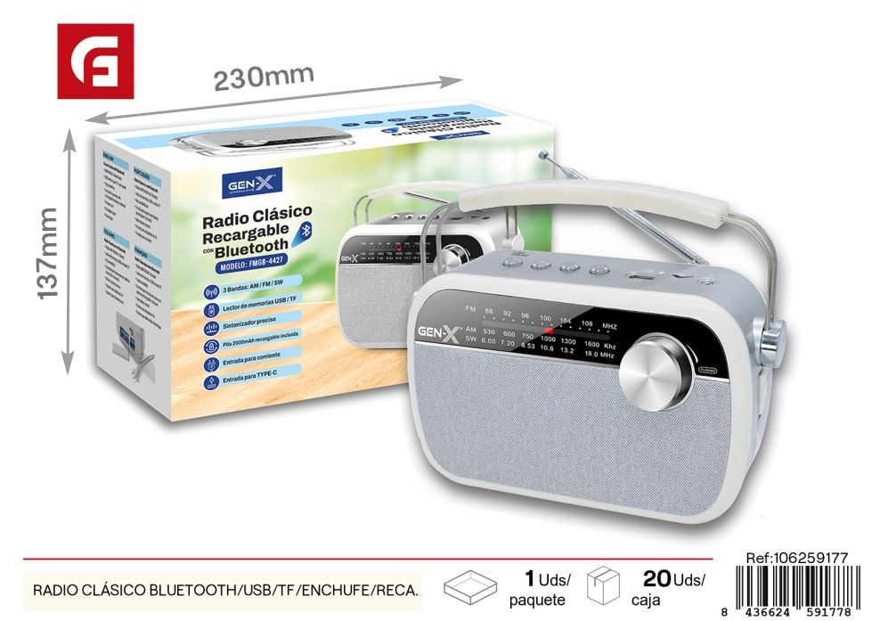 Radio clásico Bluetooth/USB/TF/enchufe/recargable/pilas gris 4427 - Electrónica