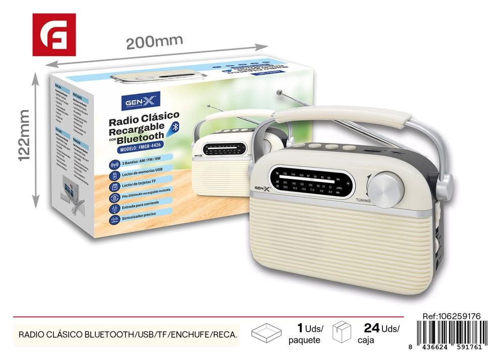 Radio clásico Bluetooth/USB/TF/enchufe/recargable/pilas blanco 4426 - Electrónica