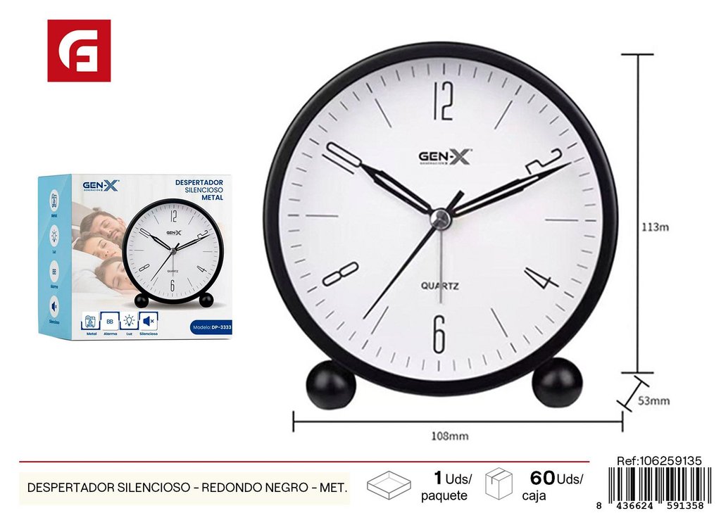 Despertador silencioso redondo negro grande modelo 3333 - Electrónica