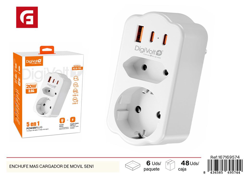 Enchufe más cargador de móvil 5 en 1 - Electricidad y regletas