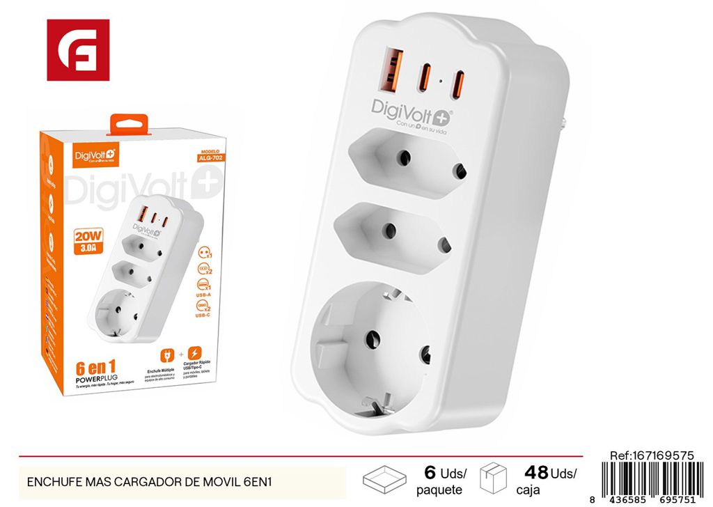 Enchufe más cargador de móvil 6 en 1 - Electricidad y regletas