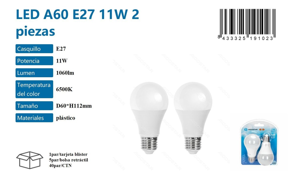Bombilla LED A60 E27 11W 2 piezas 6500K - Iluminación LED
