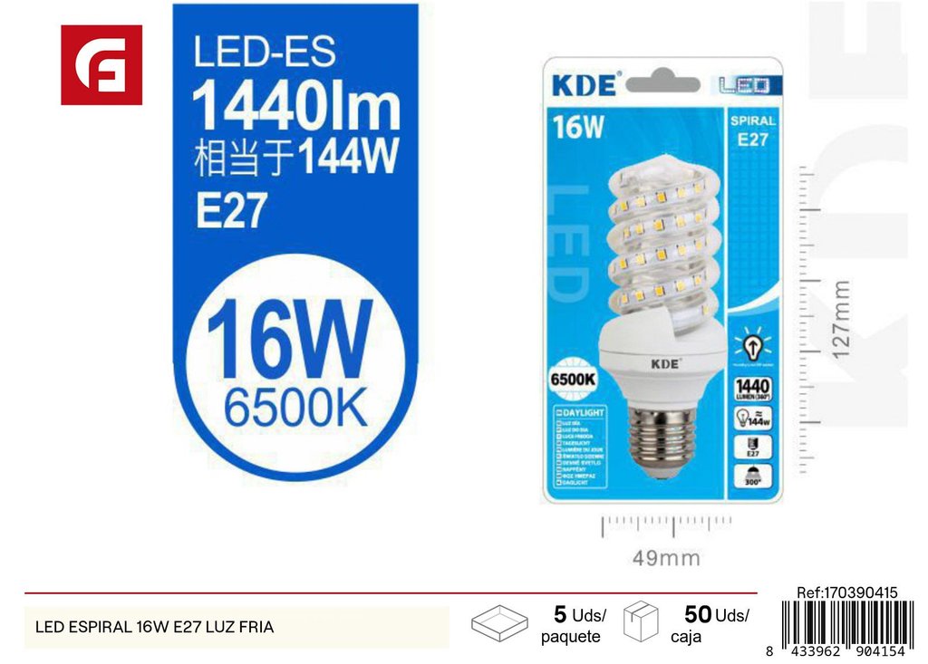 Bombilla LED espiral 16W E27 luz fría - Iluminación y bombillas LED