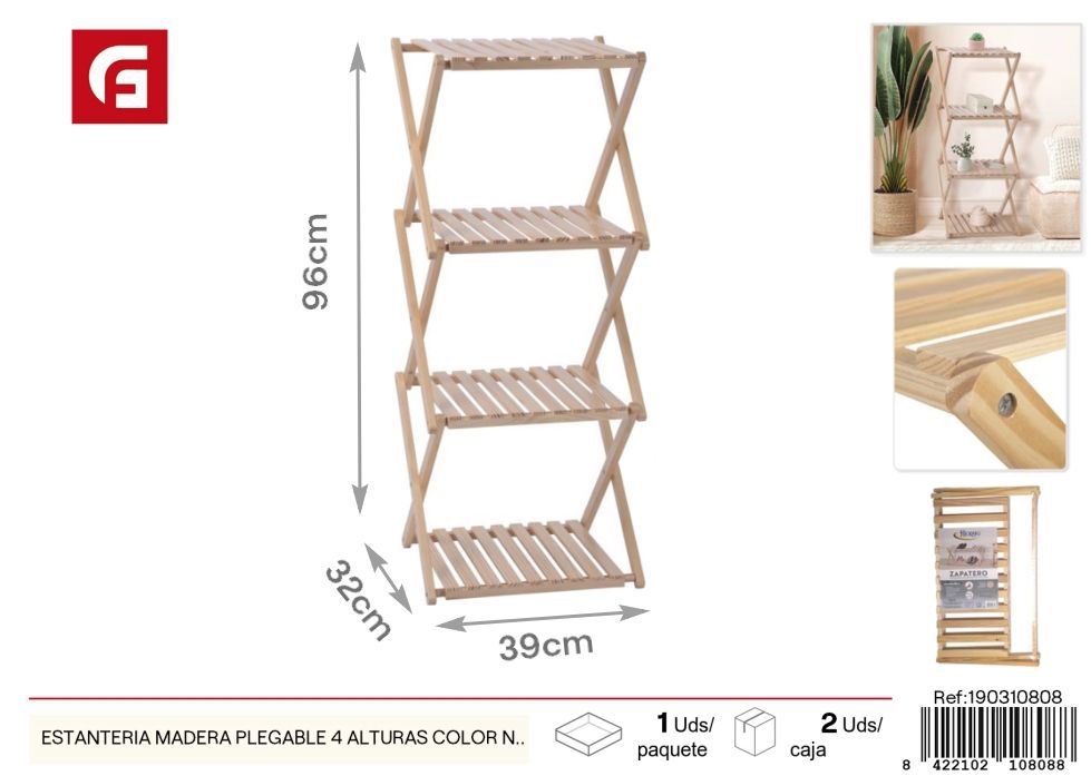 Estantería de madera plegable 4 alturas color natural - Muebles y organización