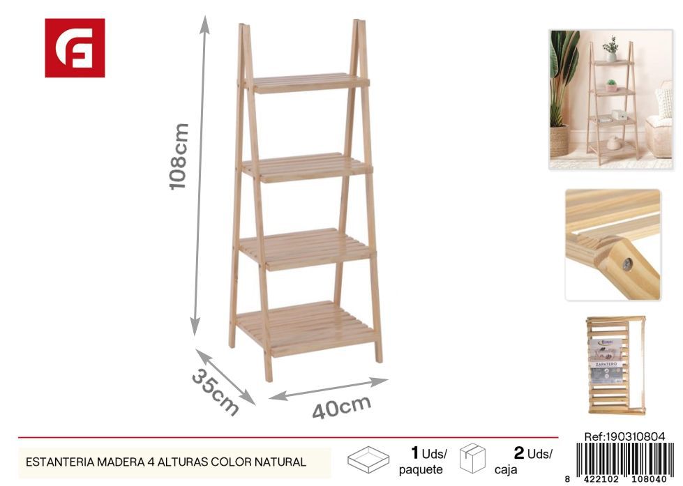 Estantería de madera color natural 4 alturas - Decoración y almacenamiento de zapatos