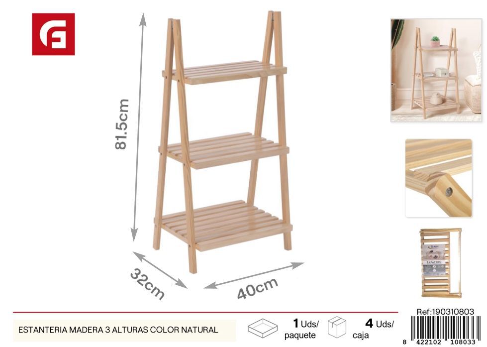 Estantería de madera color natural 3 alturas - Decoración y almacenamiento de zapatos