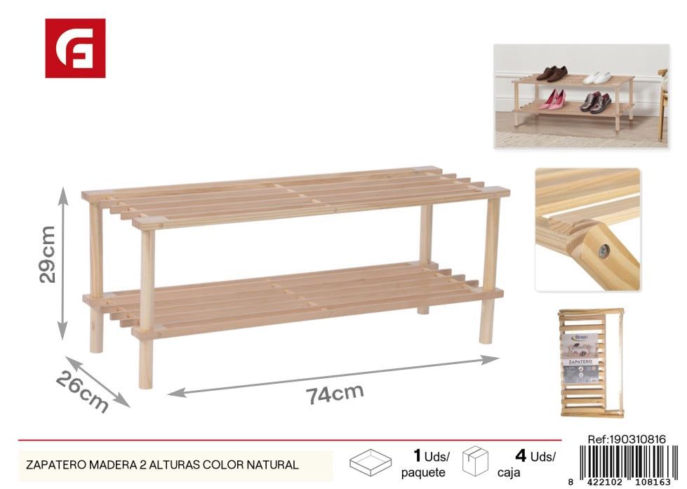 Zapatero de madera 2 alturas color natural - Almacenamiento y organización de calzado