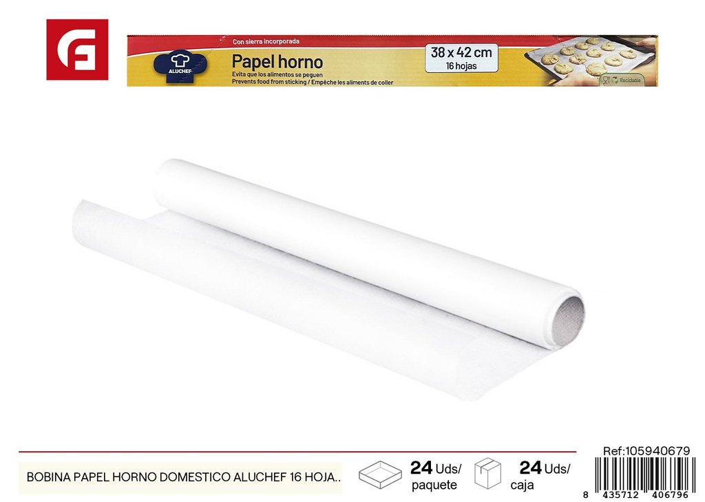 Bobina de papel para horno doméstico Aluchef 8 m 16 hojas - Utensilios de cocina