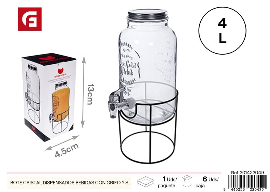 Bote de cristal dispensador de bebidas con grifo y soporte 4 L - Tarros con dispensador