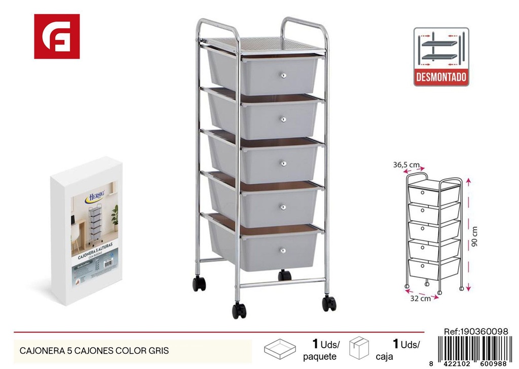 Cajonera de 5 cajones color gris - Organización y almacenamiento para el hogar