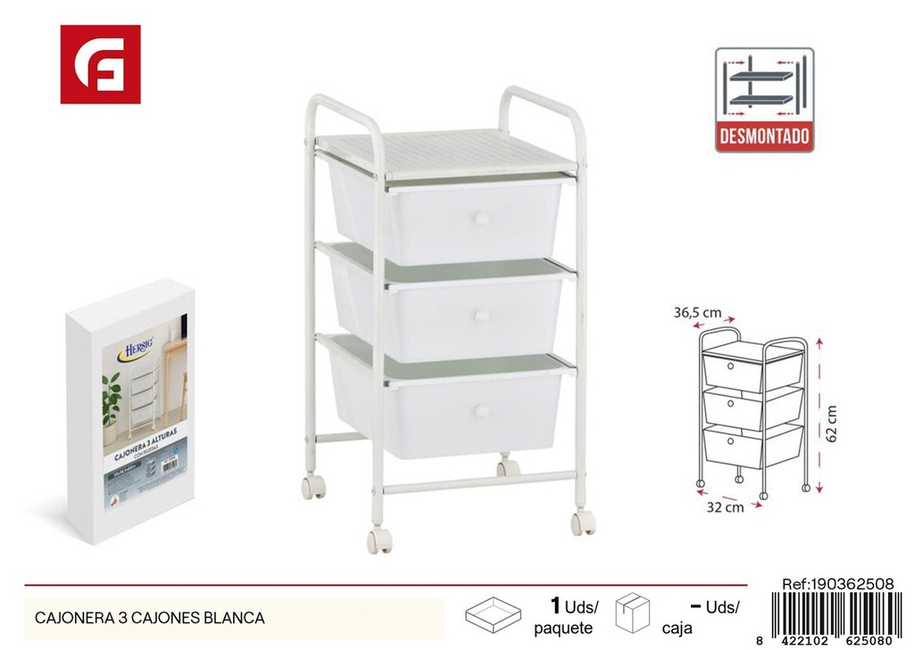  Cajonera blanca de 3 cajones - Almacenamiento plástico para el hogar