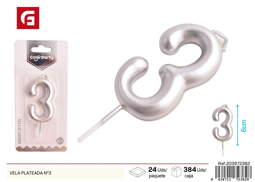 Vela plateada nº3 6 cm - Elemento de celebración para cumpleaños