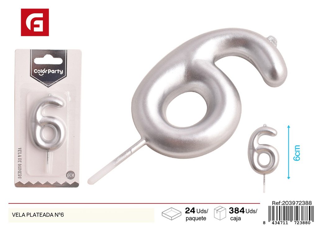 Vela plateada nº6 6 cm - Accesorios para fiestas y celebraciones