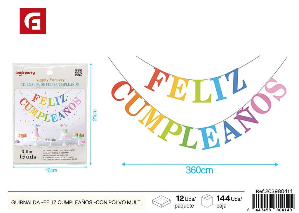 Guirnalda de cumpleaños con polvo multicolor - Feliz Cumpleaños - 15 piezas