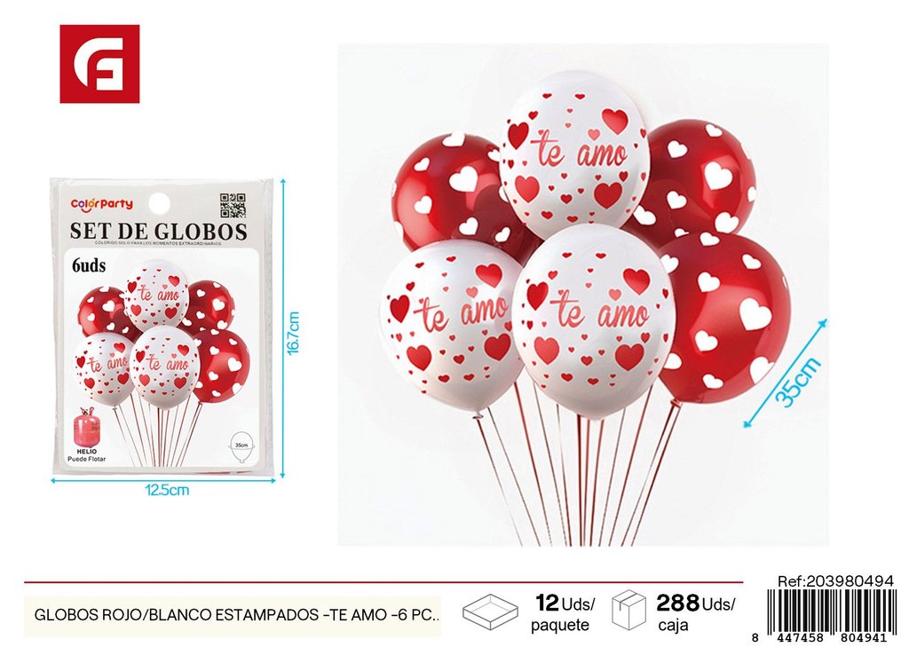 Globos rojos y blancos estampados - Te amo - 6 piezas