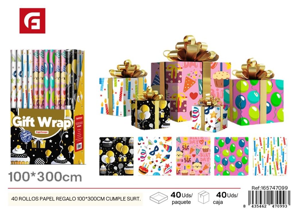 Papel regalo de cumpleaños 100x300 cm surtido - 40 rollos