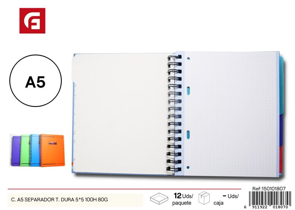 Cuaderno A5 con separador duro 5*5 100h 80g - Material escolar