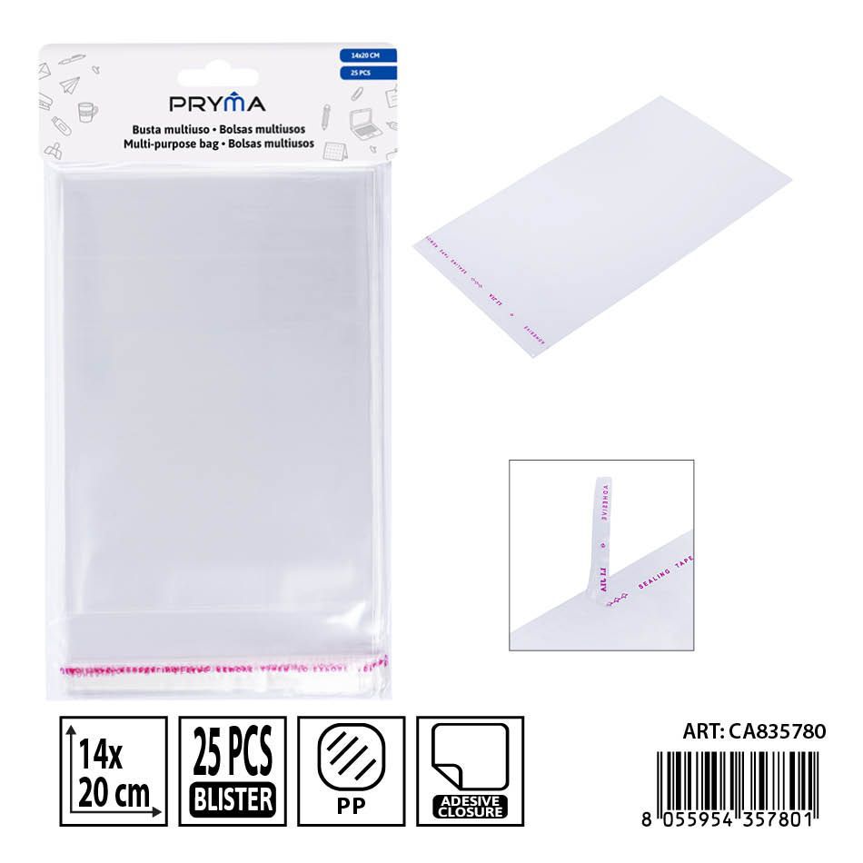 Pack de 50 bolsas OPP 14x20 cm PRYMA con cierre adhesivo - Perfectas para almacenamiento