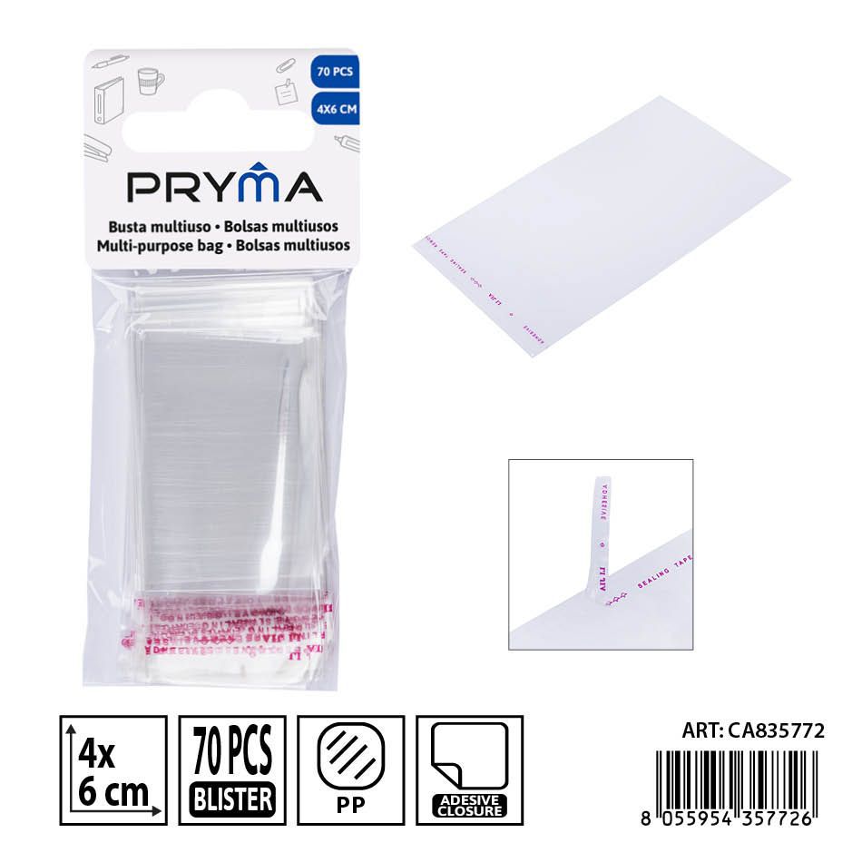 Pack de 100 bolsas OPP 4x6 cm PRYMA con cierre adhesivo - Ideal para accesorios