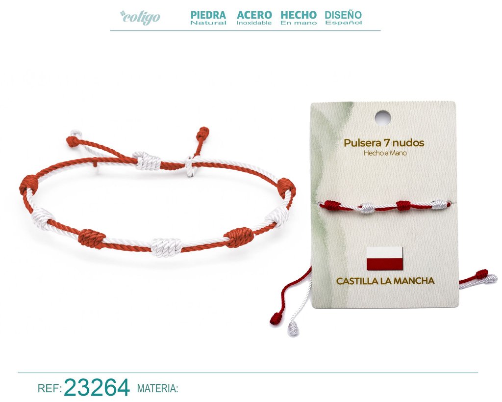 Pulsera de 7 nudos con bandera de Castilla la Mancha - Bisutería con temática regional