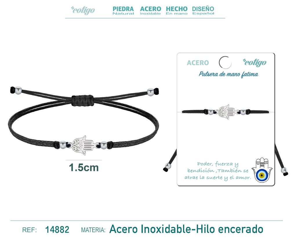 Pulsera de hilo encerado negra con mano de Fátima en acero plateado - Accesorios de bisutería