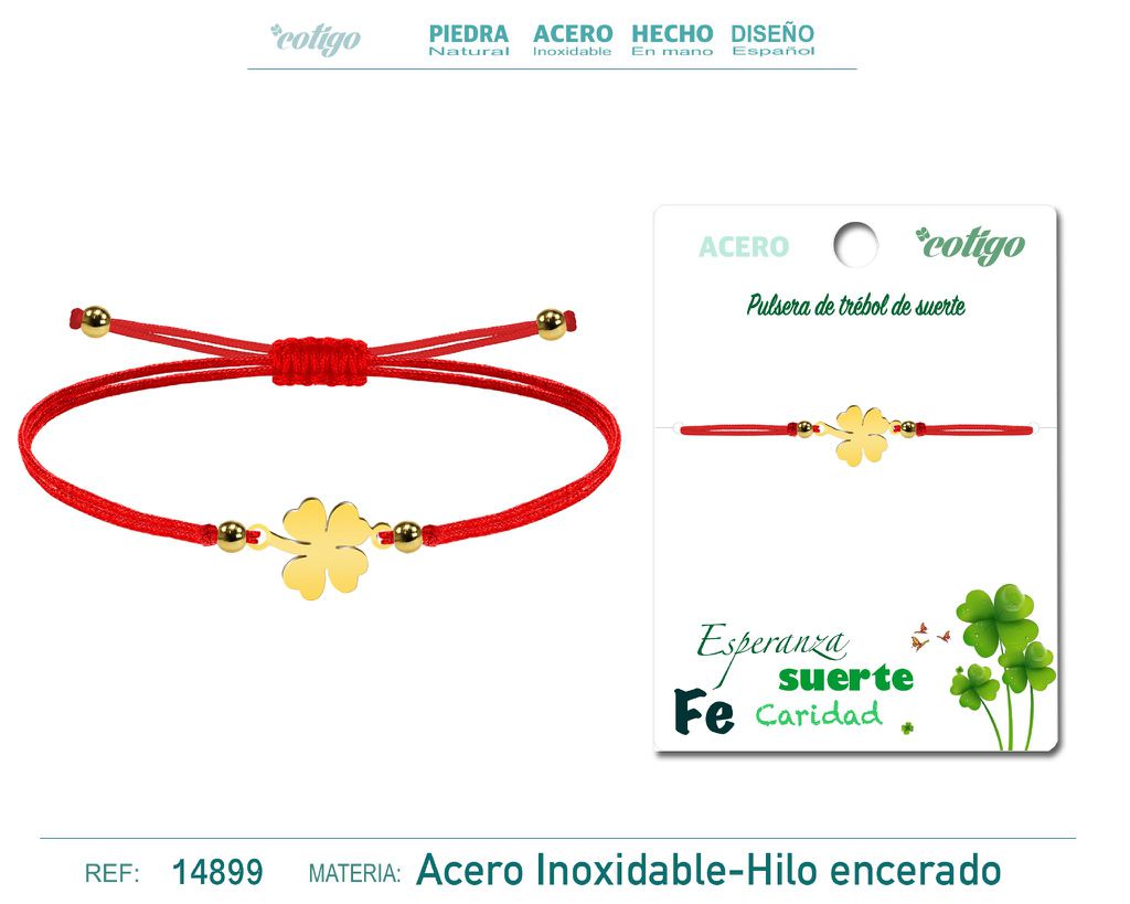 Pulsera de hilo encerado roja con trébol de la suerte en acero dorado - Accesorios de bisutería