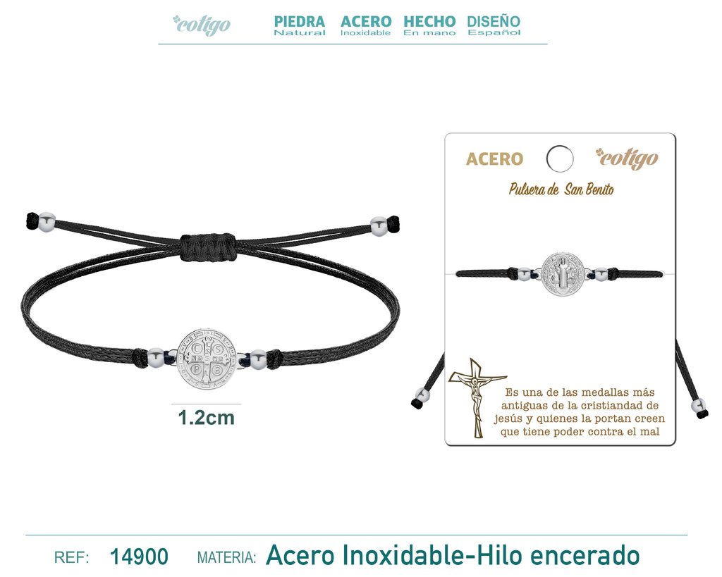 Pulsera de hilo encerado negra con San Benito en acero plateado - Accesorios de bisutería