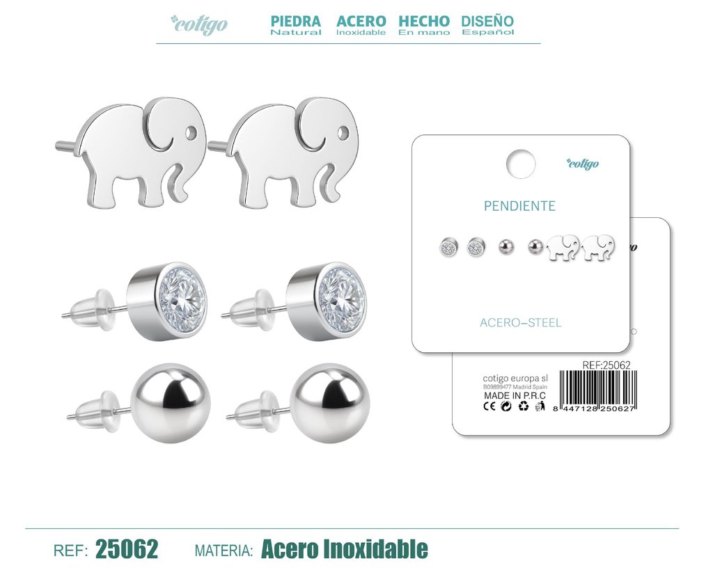 Pendientes de acero inoxidable en pack de 3 pares - Accesorios de bisutería