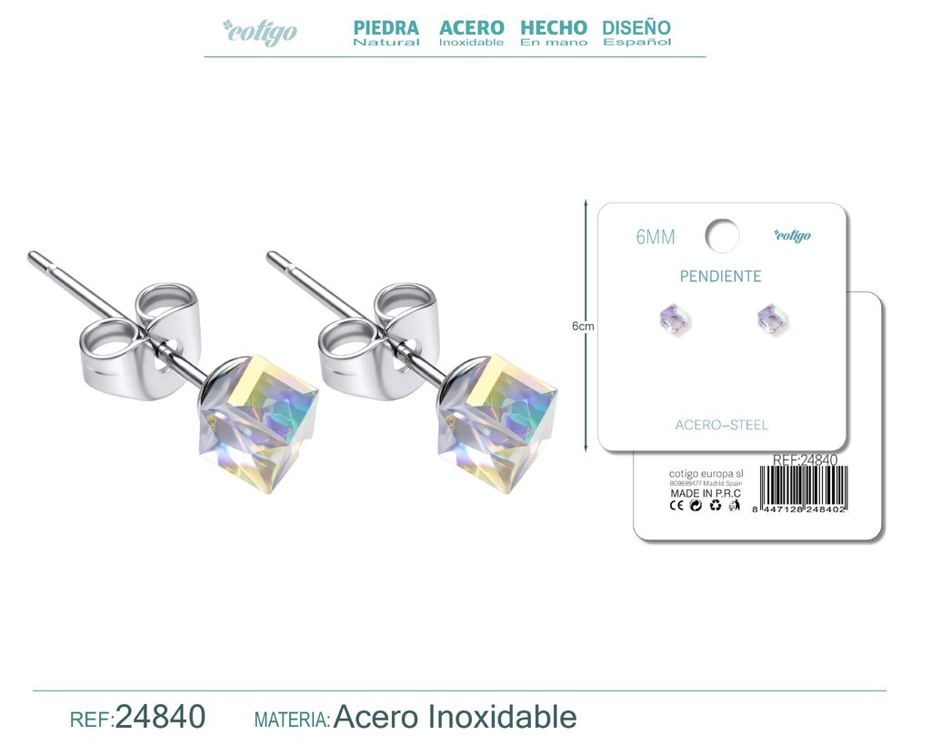 Pendiente de cristal cuadrado 6mm con accesorio de acero - Accesorios de bisutería