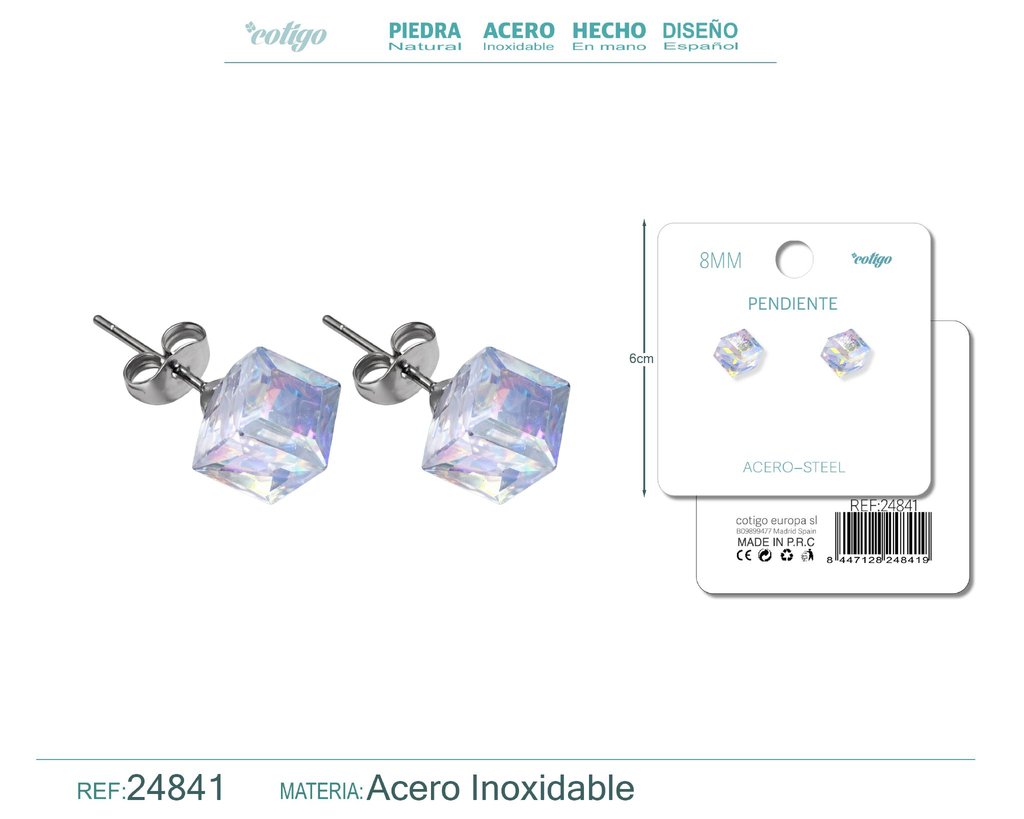 Pendiente de cristal cuadrado 8mm con accesorio de acero - Accesorios de bisutería