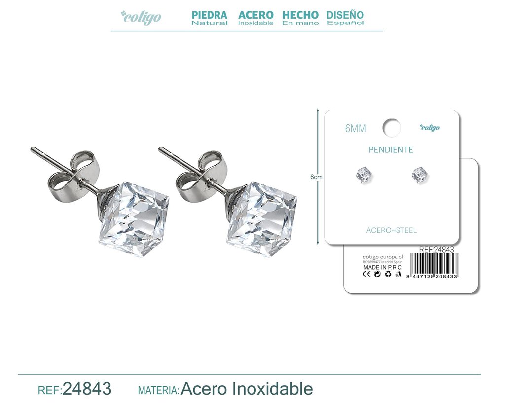 Pendiente de cristal cuadrado 6mm con accesorio de acero - Accesorios de bisutería