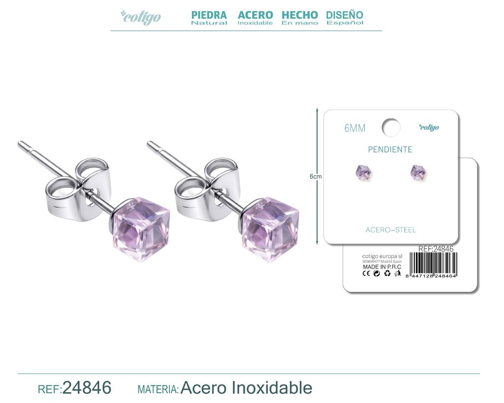 Pendiente de cristal cuadrado 6mm con accesorio de acero - Accesorios de bisutería
