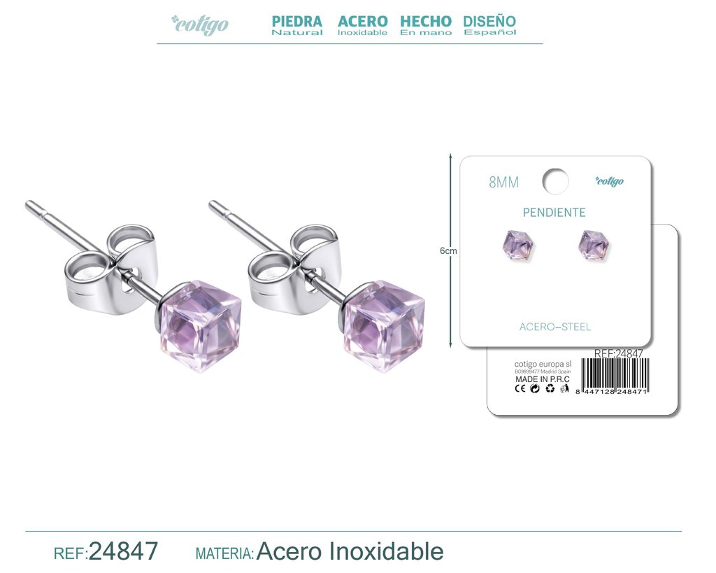 Pendiente de cristal cuadrado 8mm con accesorio de acero - Accesorios de bisutería