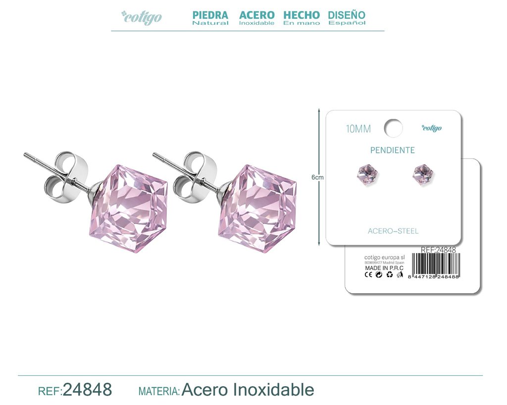 Pendiente de cristal cuadrado 10mm con accesorio de acero - Accesorios de bisutería