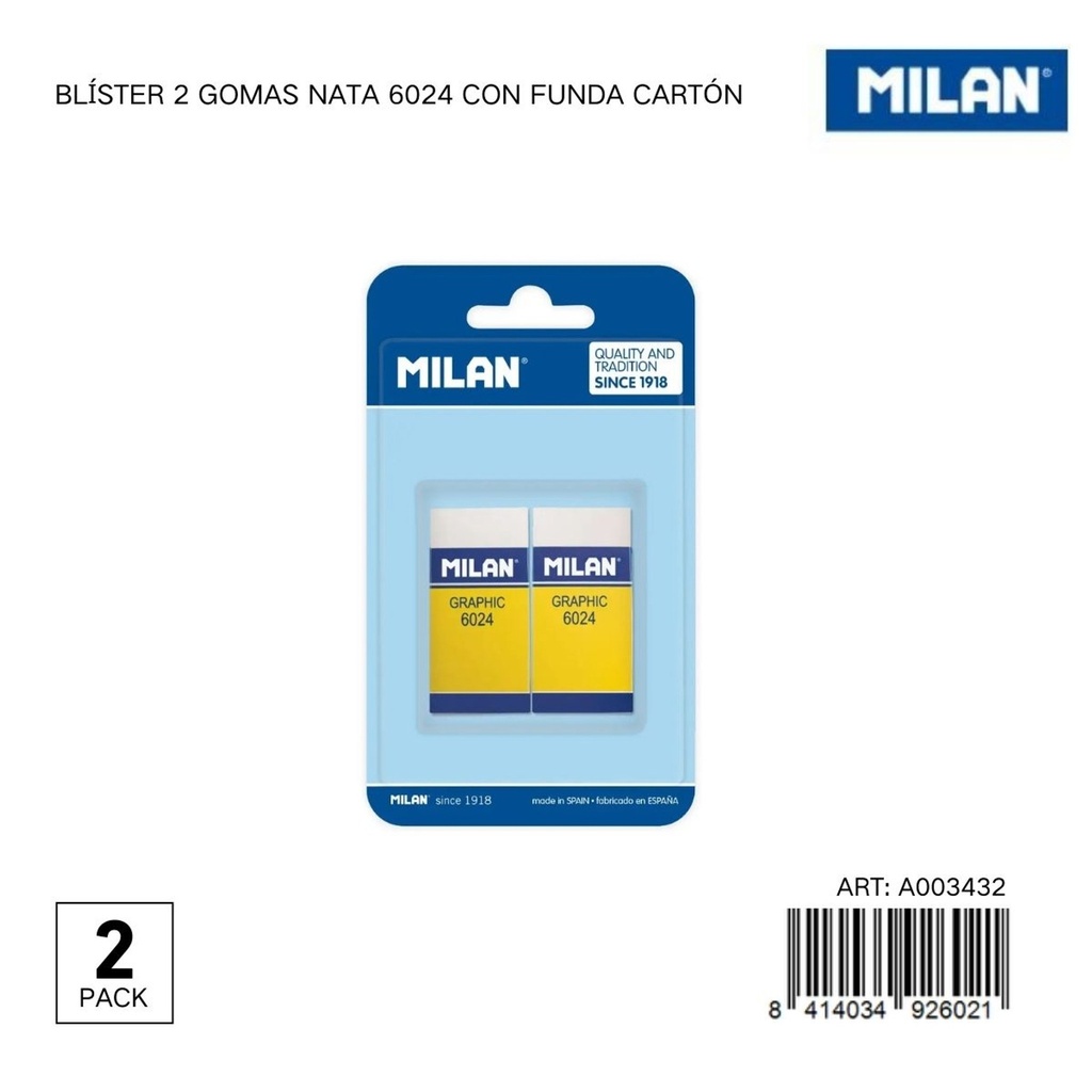 Gomas de borrar 2 unidades blíster Milan - Papelería y útiles escolares