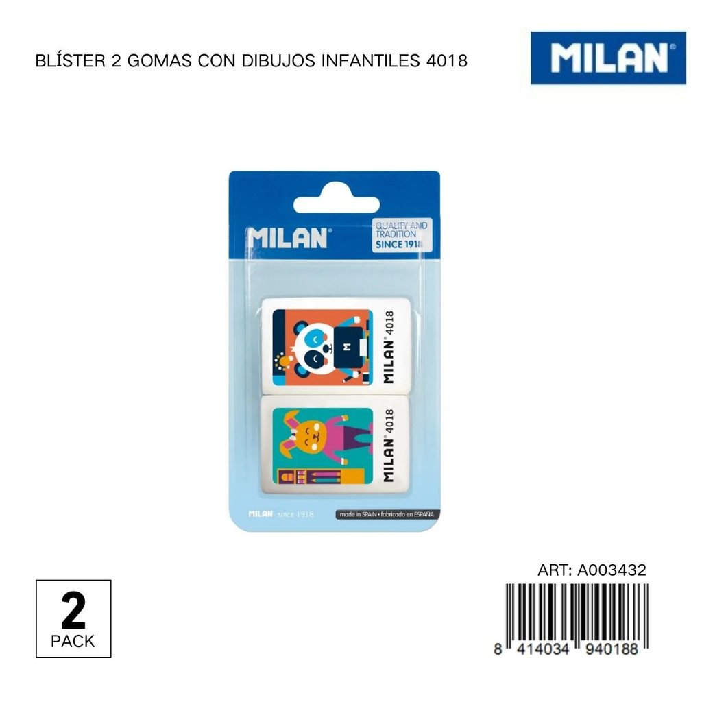 Goma de borrar MILAN con dibujos infantiles 2 piezas - Papelería y útiles escolares