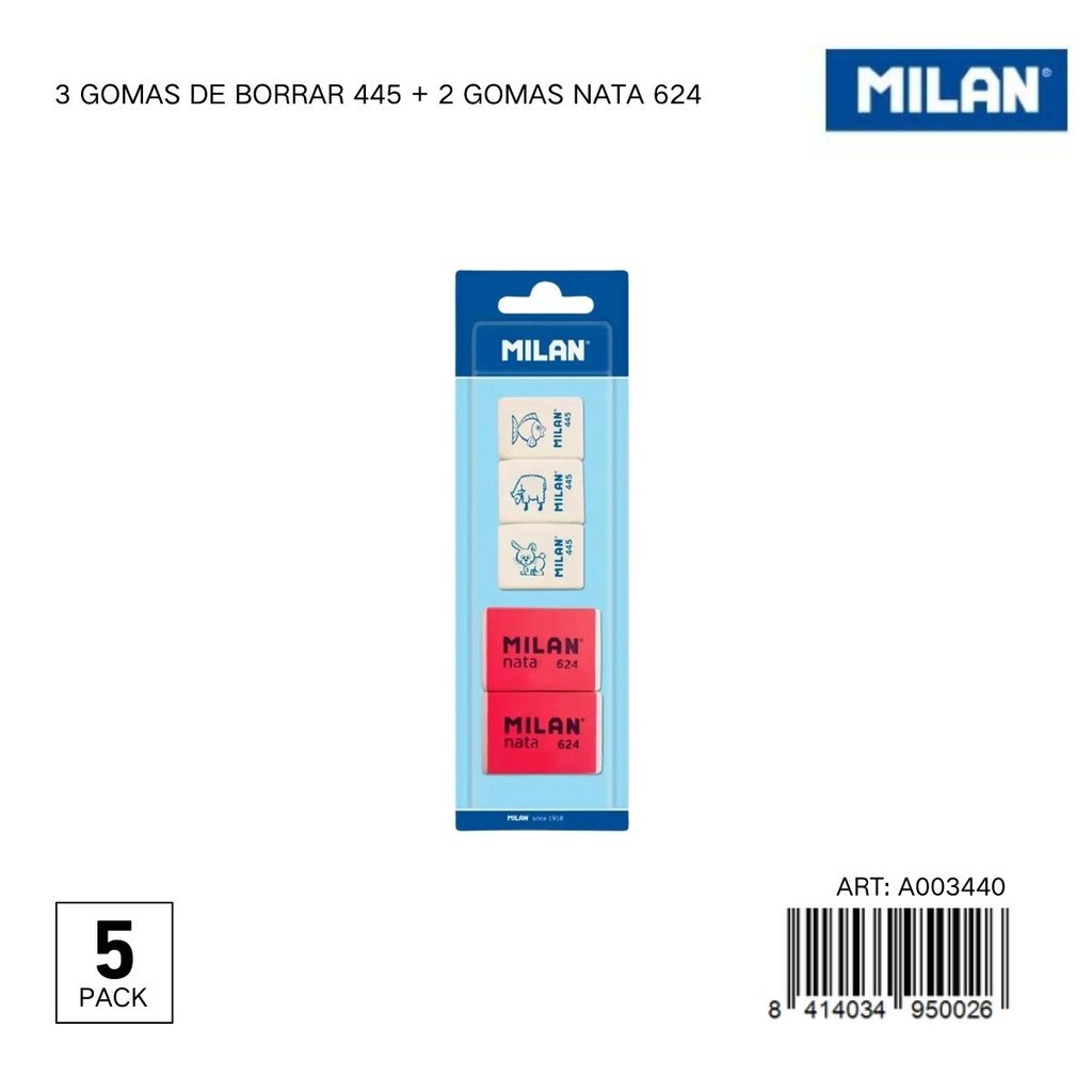 Goma de borrar MILAN 5 piezas - Papelería y útiles escolares