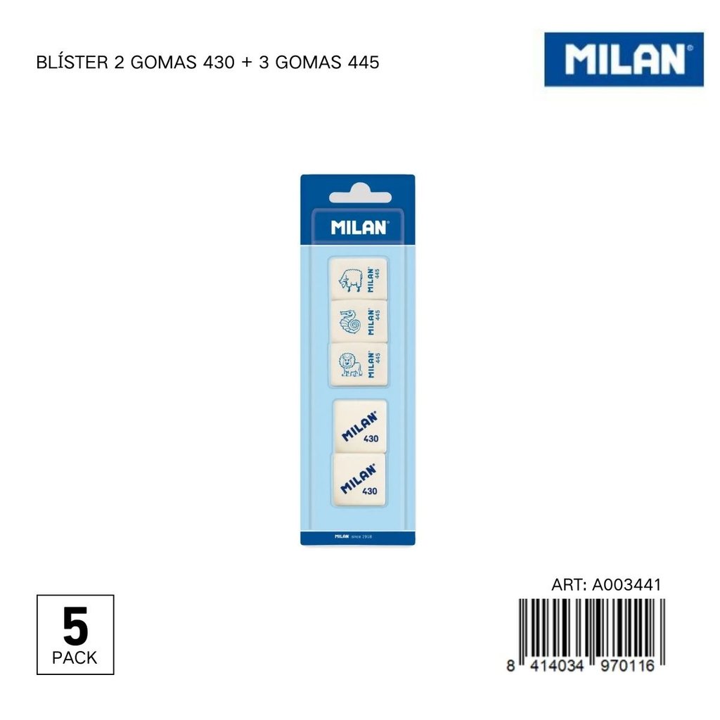 Goma de borrar MILAN 5 piezas - Papelería y útiles escolares
