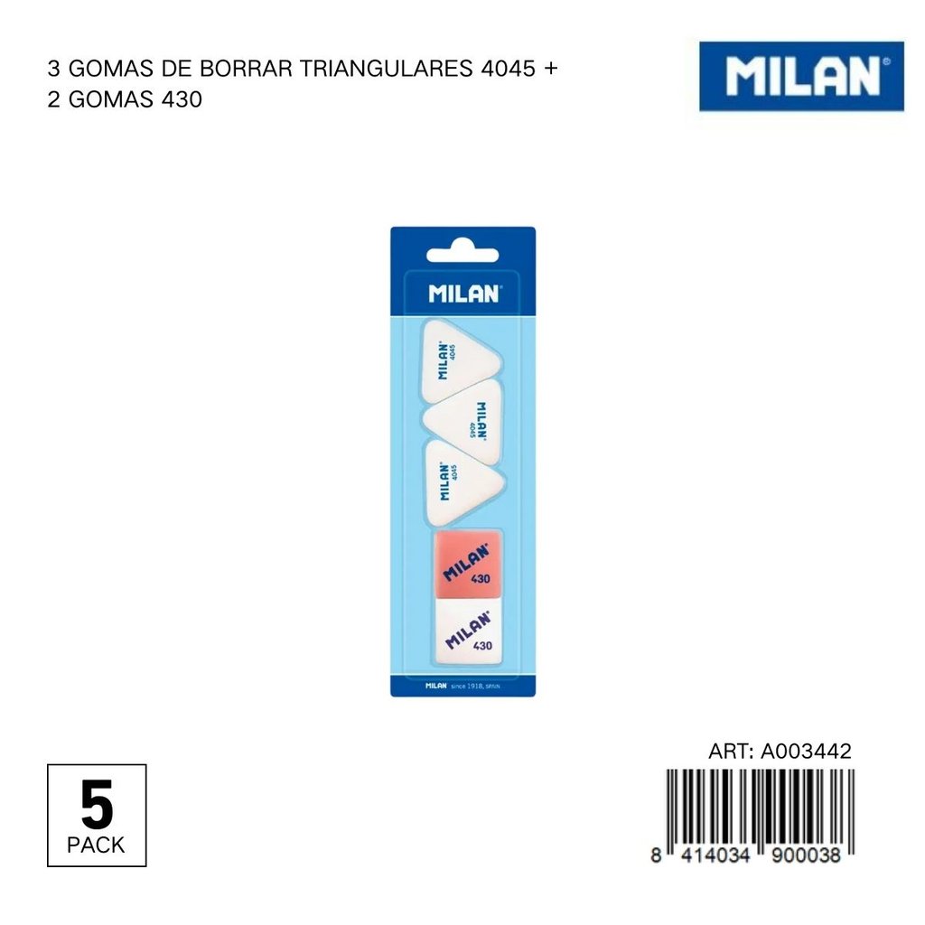 Goma de borrar triangular MILAN 5 piezas - Papelería y útiles escolares
