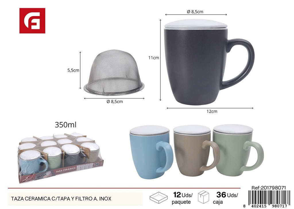 Taza de cerámica con tapa y filtro de acero inoxidable - Vajilla y menaje del hogar