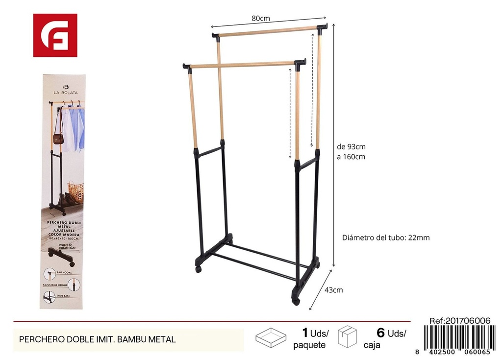 Perchero doble imitación bambú metal - Ropa organizada con estilo