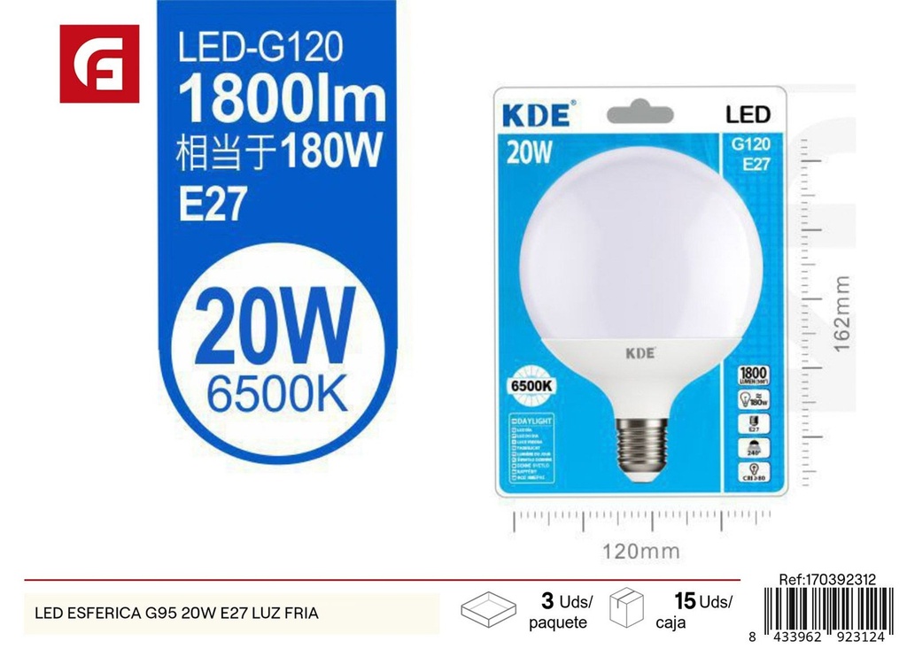 Bombilla LED esférica G95 20W E27 luz fría - Iluminación y bombillas LED