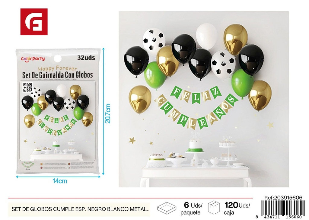 Set de globos cumpleaños en español negro y blanco (32 unidades) - Decoración de fiesta y cumpleaños