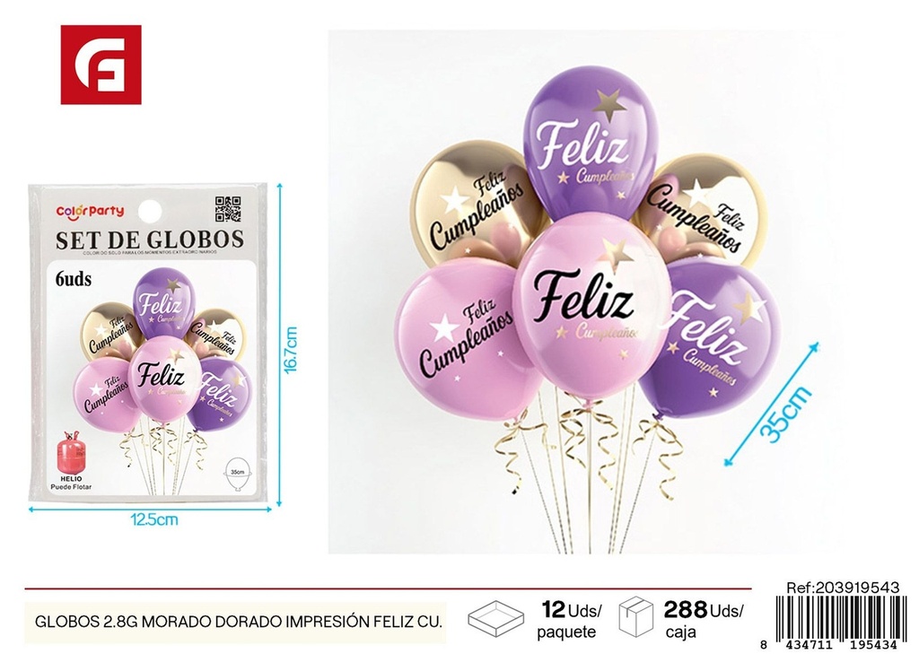 Globos de color morado dorado impresión feliz cumpleaños (6 unidades) - Decoración de fiesta y cumpleaños