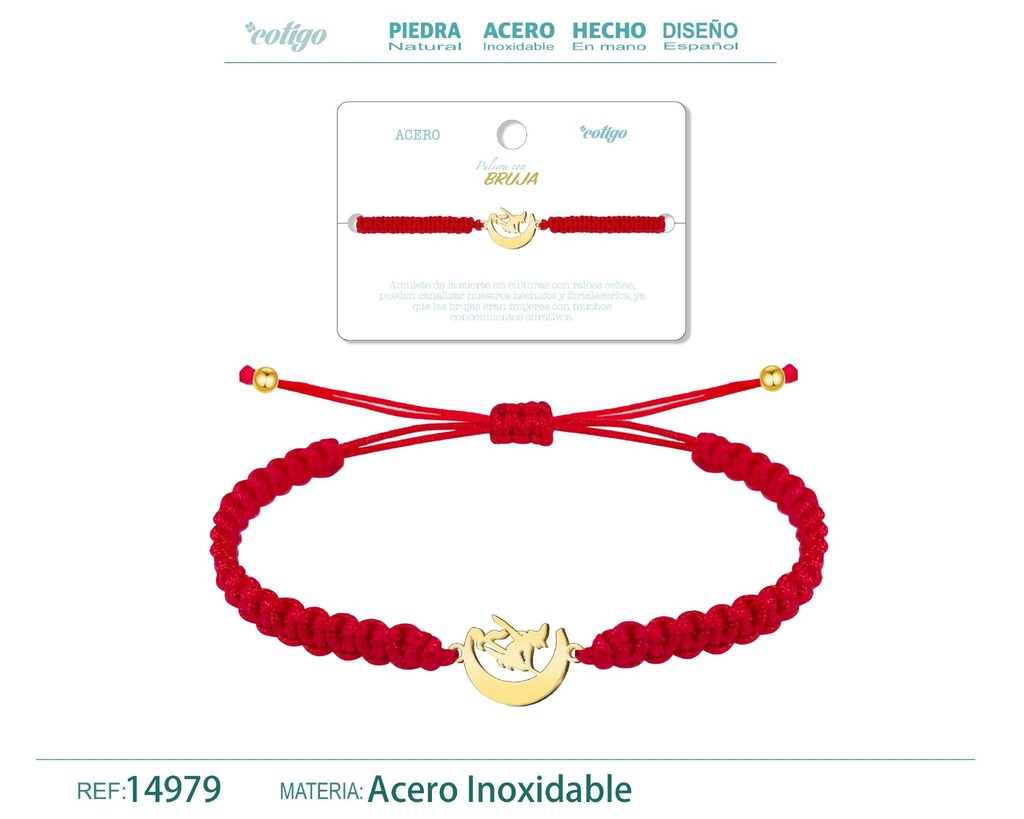 Pulsera de hilo destino con bruja en acero dorado - Accesorios de joyería