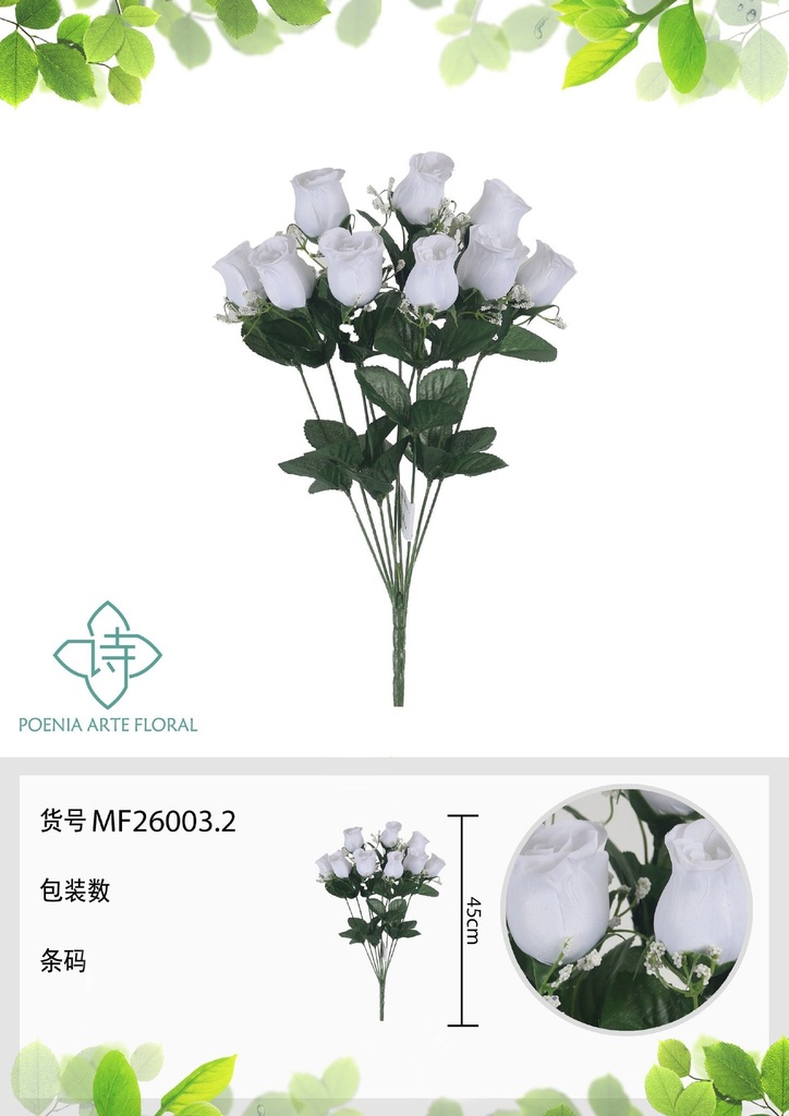 Rama artificial de rosa 9 cabezales 45 cm blanca - Planta decorativa