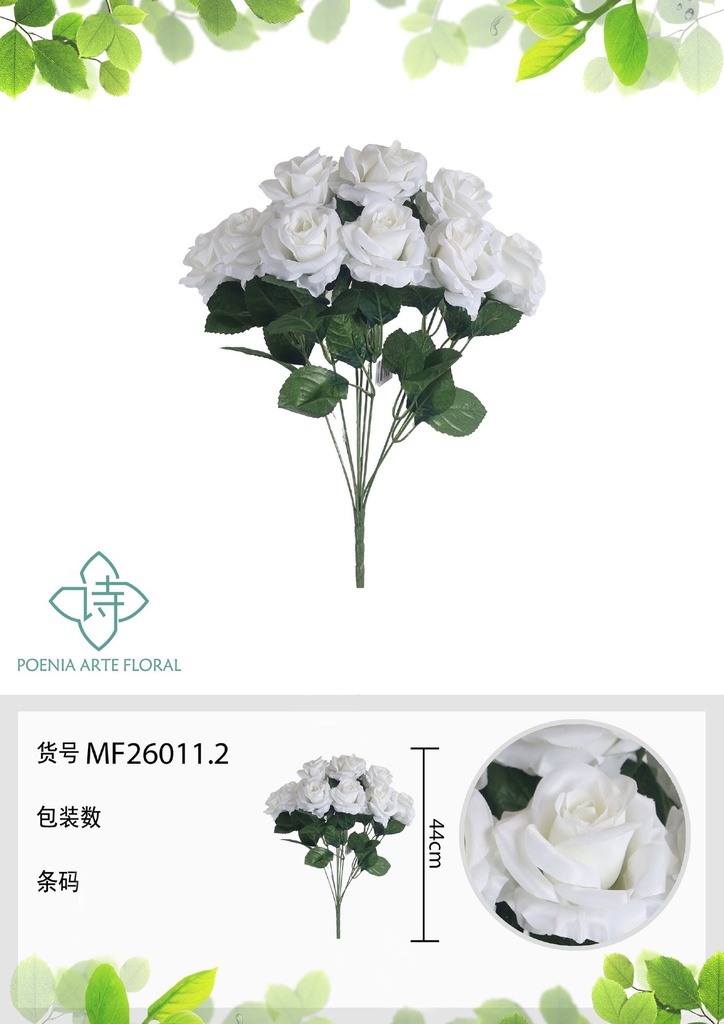 Rama artificial de rosa 9 cabezales 45 cm blanca - Planta decorativa