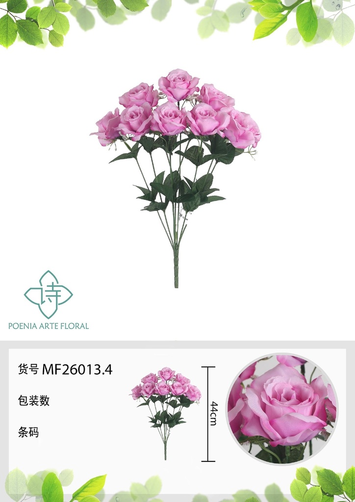 Rama artificial de rosa 9 cabezales 44 cm rosa - Planta decorativa